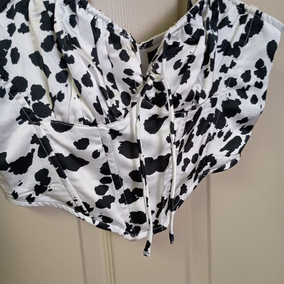 Cotton Candy LA Crop Top Size Small Cow Print Tie Front Zipper Back Ribbed - Picture 3 of 5